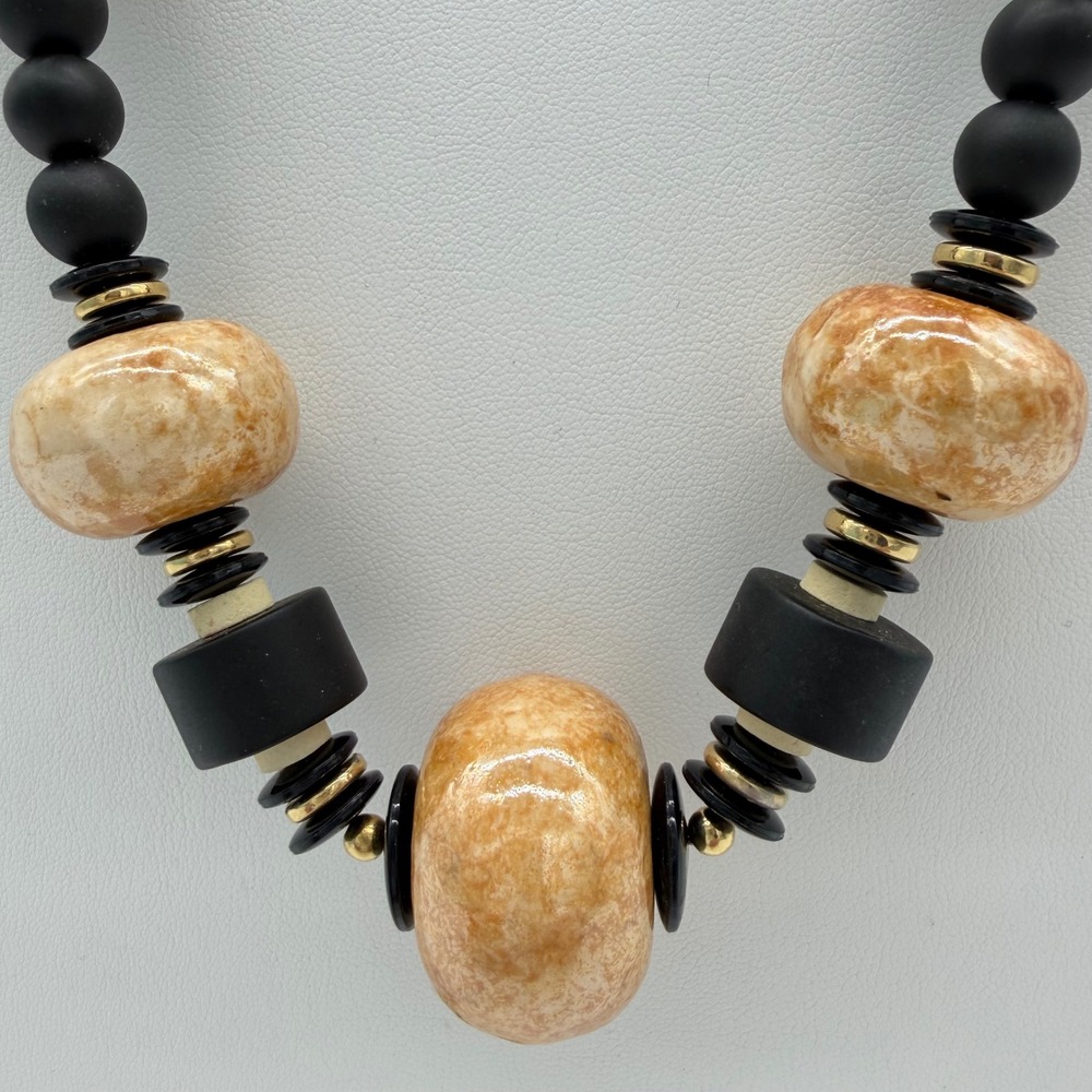 Vintage Japan Beaded Necklace Faux Stone Black Gold Tone Statement Necklace